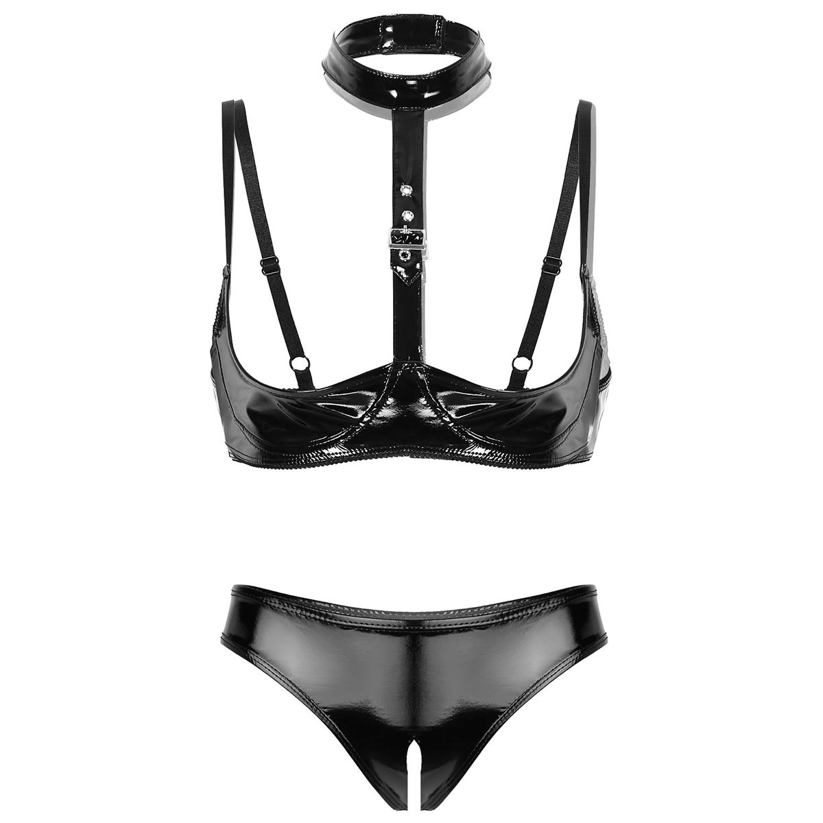 Bralette Triangle Set - Womens Patent Leather Lingerie Set Black
