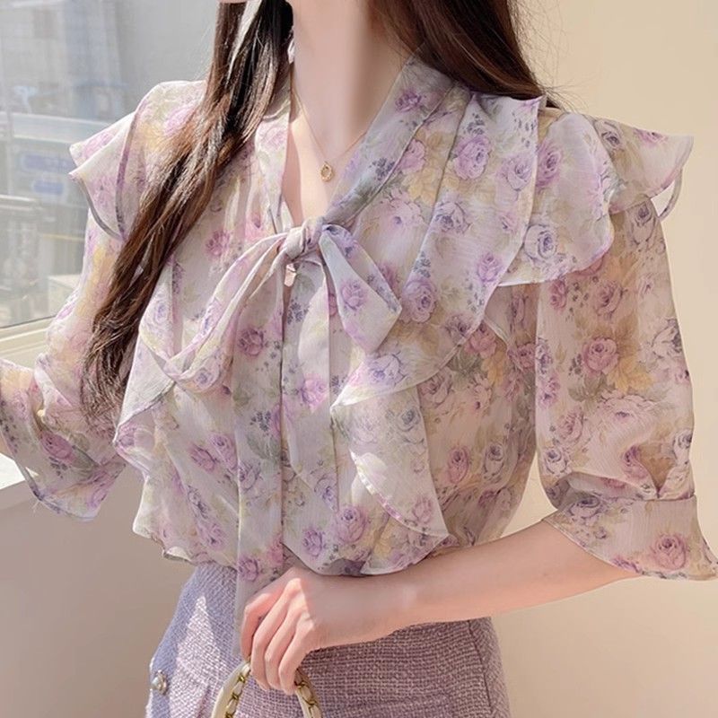 Romper Floral Print - Floral Bowknot Chiffon Women's Short Sleeve