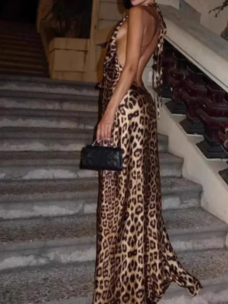 Maxi Dress Halter - Women Elegant Leopard Print Lace-up Halter