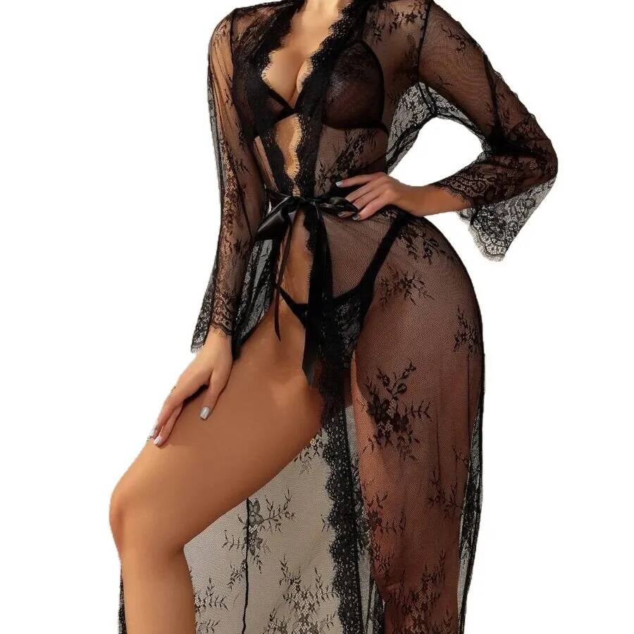 Black Lace Sheer Long Robe For - Kimono Sheer Floral 评论和价格