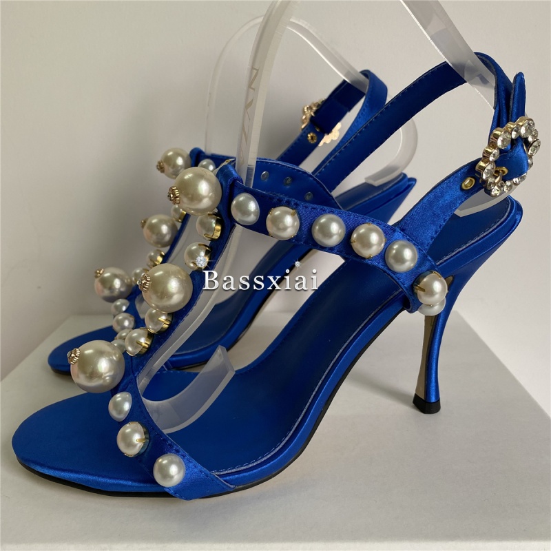 Pearl Bead Decor T-Strap Stile - Sandal Strappy Heeled 评论和价格