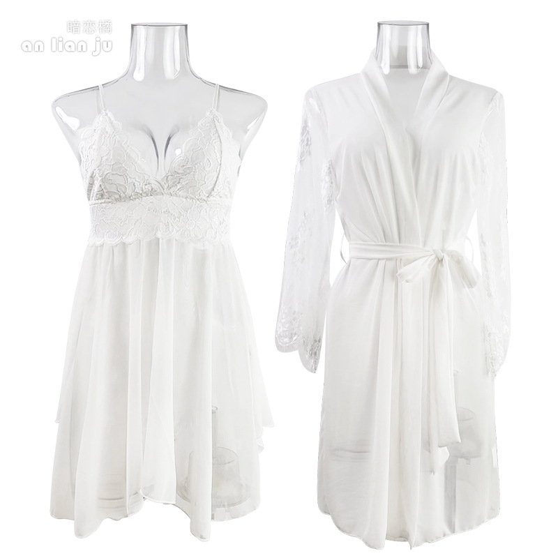 Women White Nightwear Set Flor - Kimono Sheer Floral 评论和价格