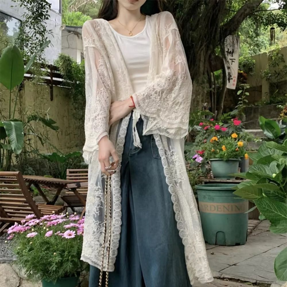 Lightweight Lace-Up Lace Blous - Kimono Sheer Floral 评论和价格