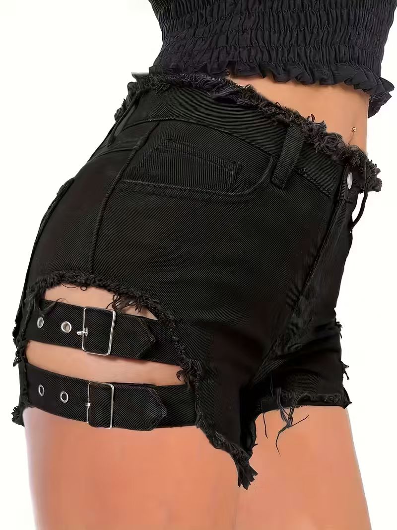 Women's Black Denim Shorts Low - Shorts Denim Frayed 评论和价格