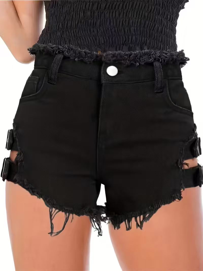 Women's Black Denim Shorts Low - Shorts Denim Frayed 评论和价格