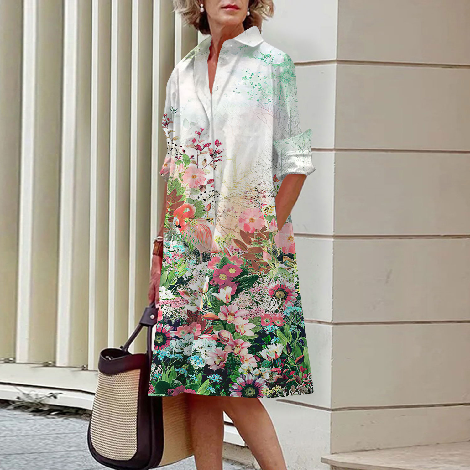 Floral Pattern Shirt Dress Ele - Midi Skirt Floral 评论和价格