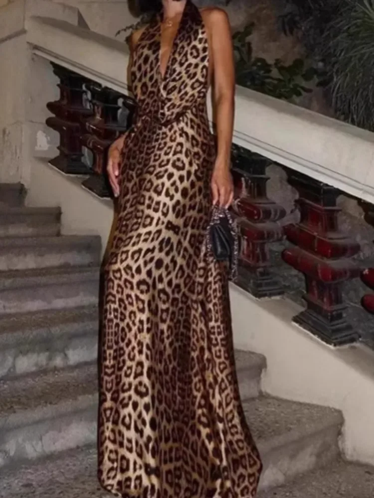 Women Elegant Leopard Print La - Maxi Dress Halter 评论和价格